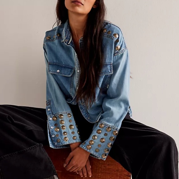 We The Free Blue Button Down Shirt with Gold Accents - Picture 1 of 8